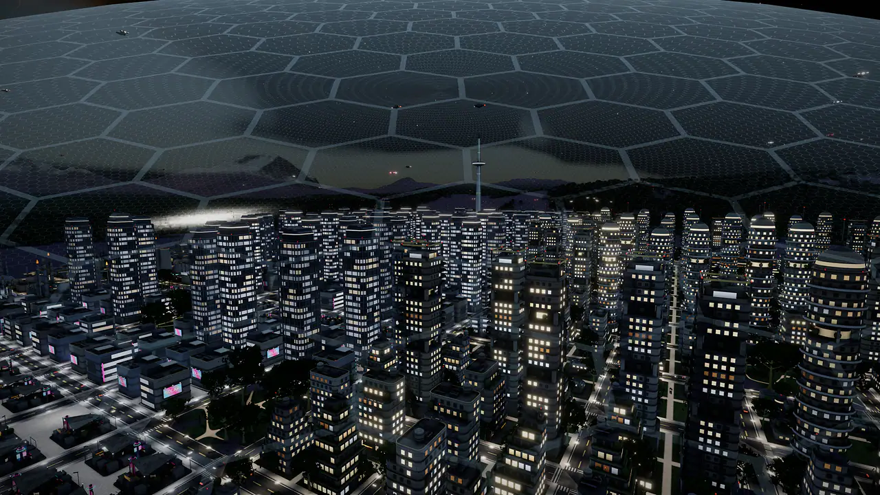 Dentro da cúpula de escudo hexagonal de uma colônia à noite: torres acesas janela a janela em volta de uma torre central, com as células de vidro da cúpula acima