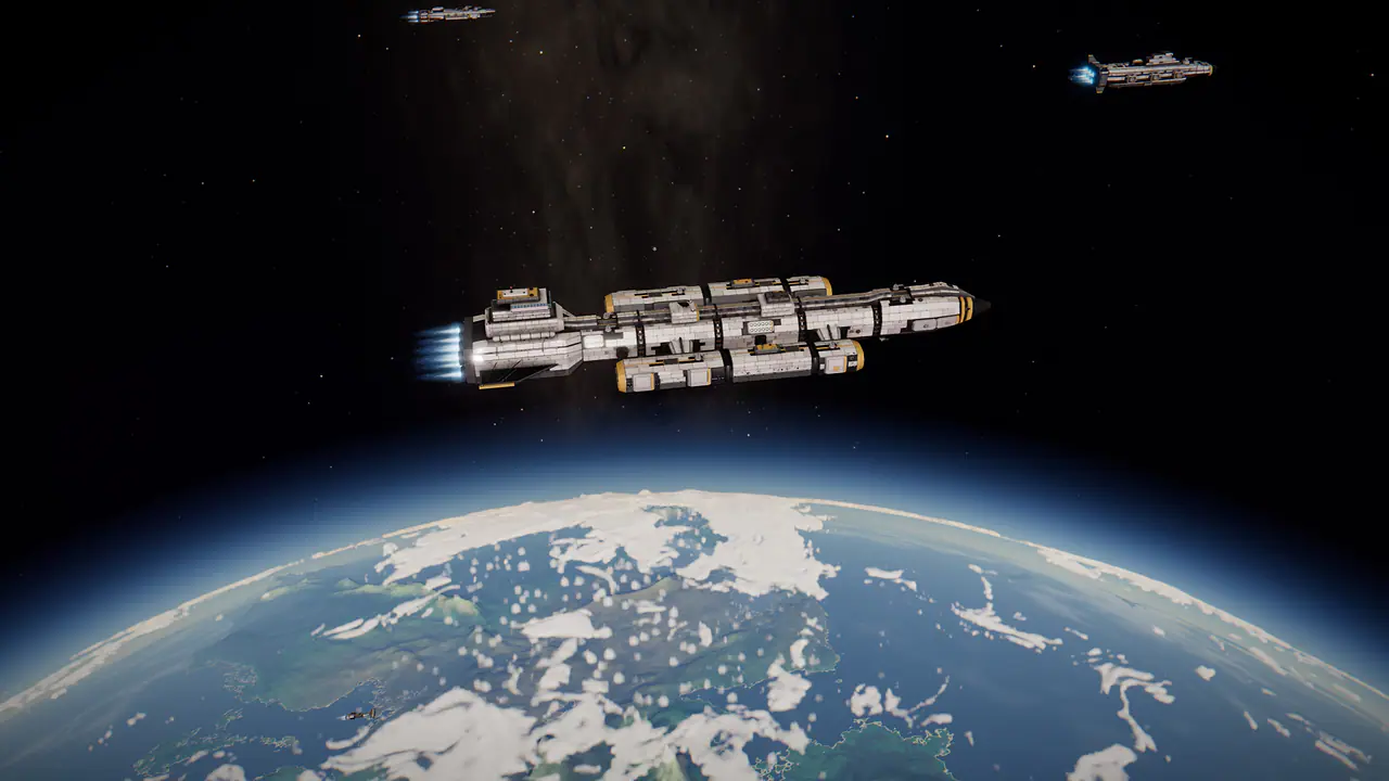 A Solari battle fleet in orbit: a Colossus flagship with Monolith, Ironclad and Herald escorts and two Halberds above a blue and green planet