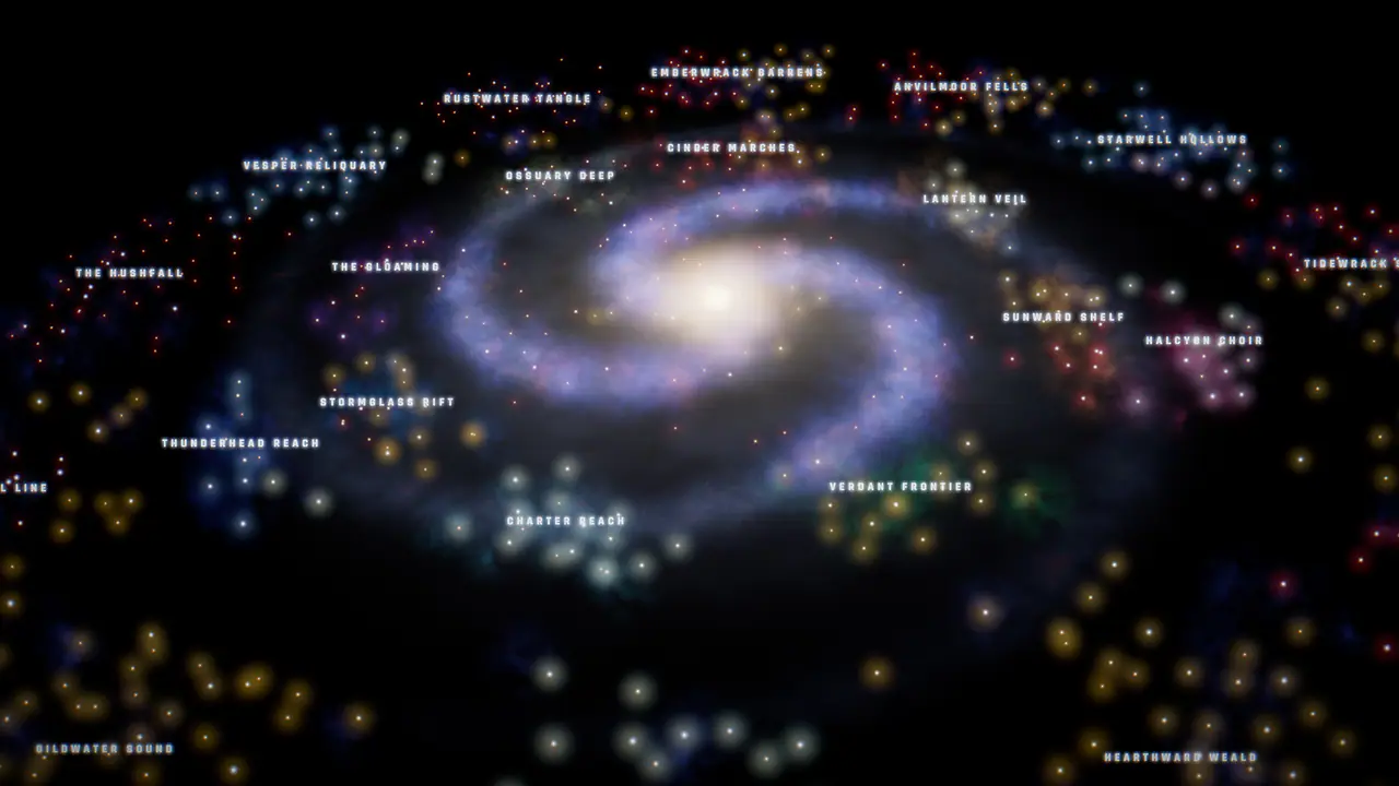 Die Galaxiekarte in 3D, mit dem Kern des Sternhaufens, umgeben von den Grenzregionen