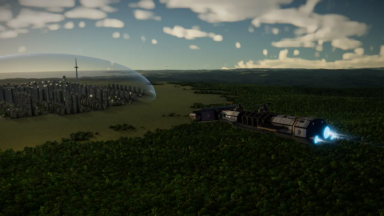 A ship flying low over the rolling terrain of a planet's surface under an open sky
