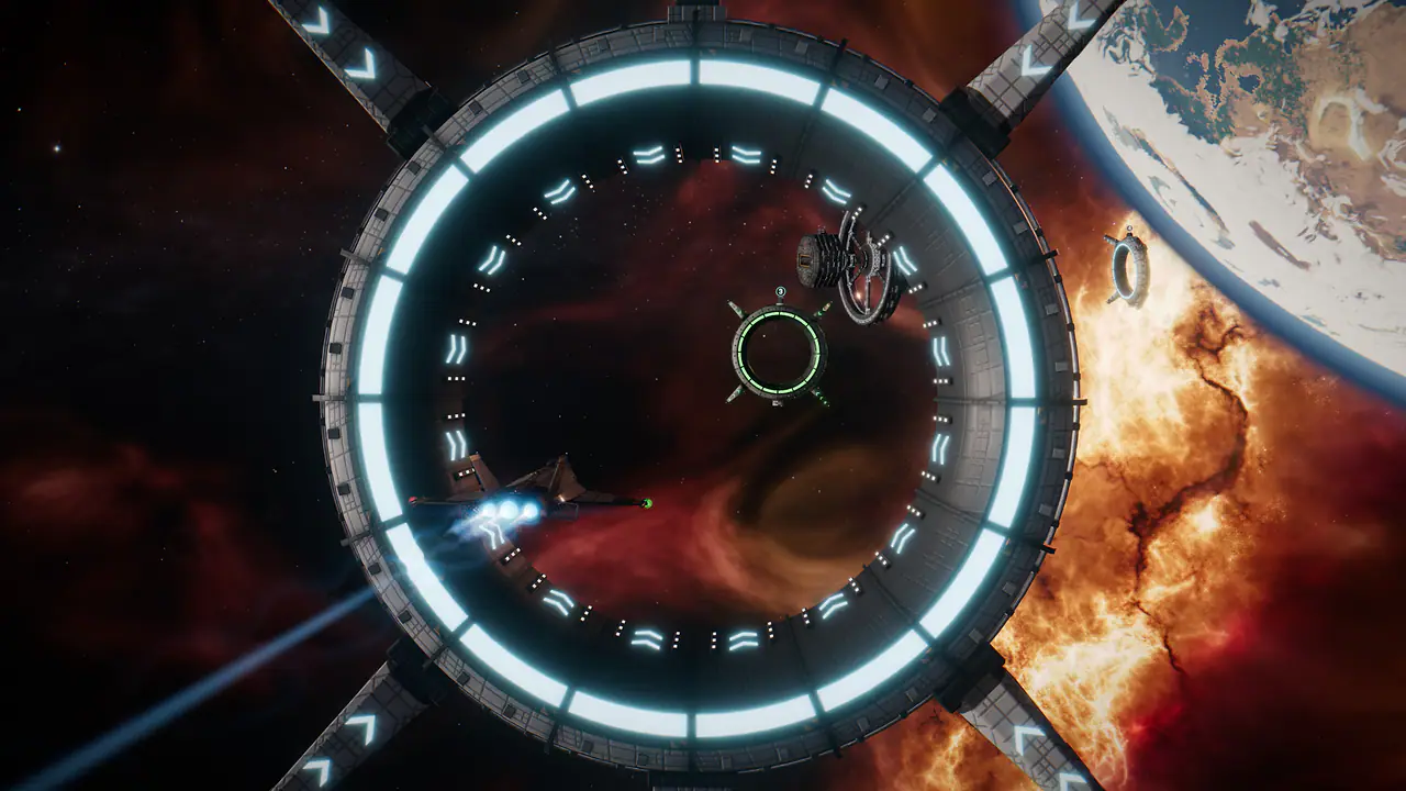 A small ship lines up on a circuit of glowing checkpoint rings near a trade hub