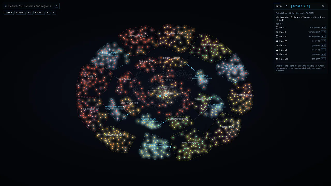 The galaxy map, showing star systems colored by security, jump lanes between them and a highlighted route to a selected system.