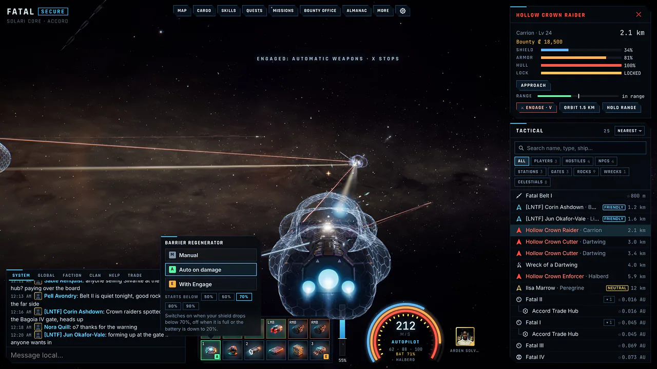 The module activation menu over the module rack, offering Manual, Auto on damage and With Engage with a threshold choice.