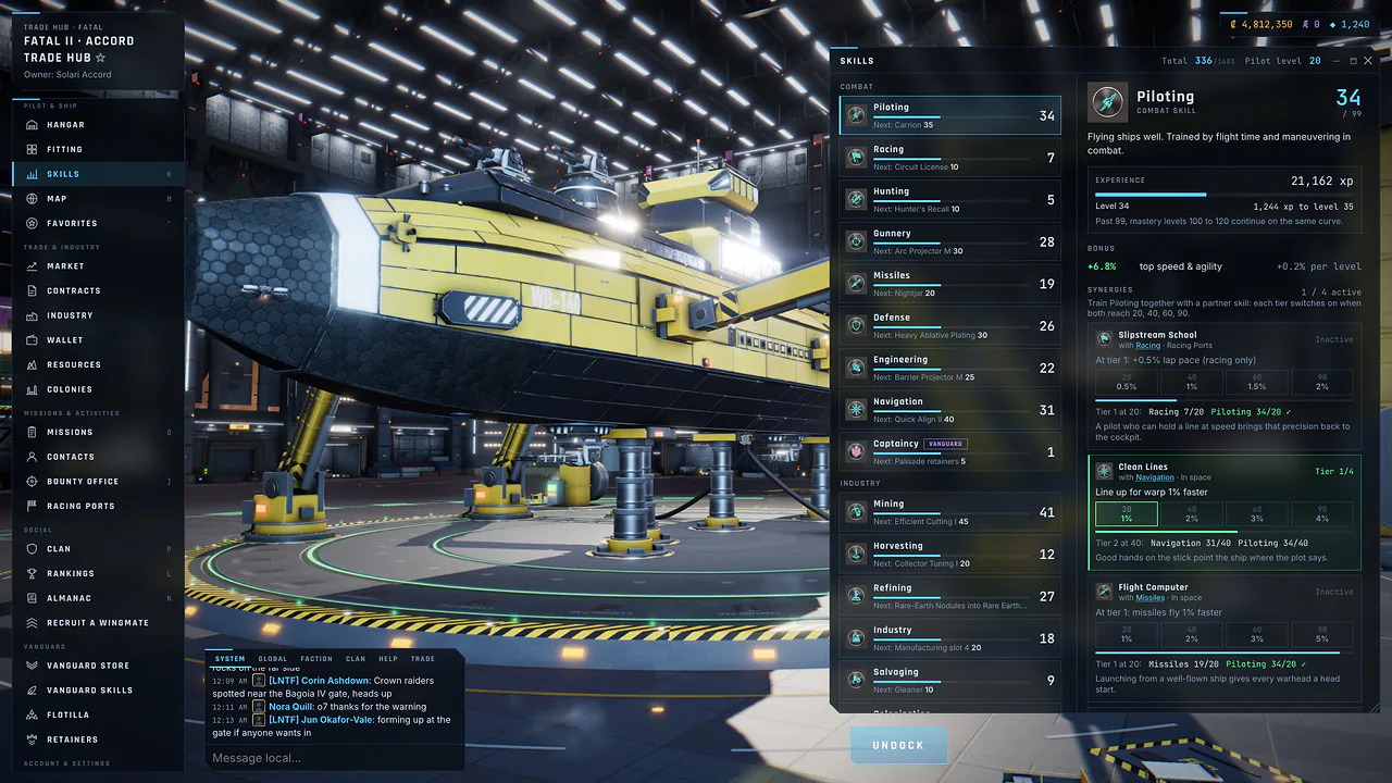 The Skills window listing skills by group with levels, progress bars and the next unlock
