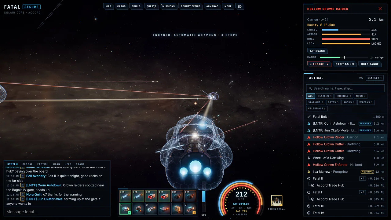 The Tactical list with its search box, filter chips and rows of nearby stations, gates and ships with their distances.