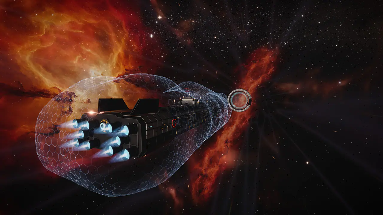 Uma nau capitânia Hegemon sai da dobra ao lado de um portal de salto distante, com o escudo em colmeia faiscando e uma nebulosa laranja e vermelha atrás