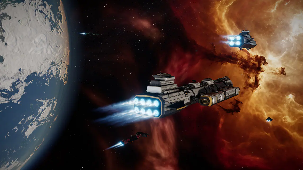 In-game: a Colossus Fighter Tender and its escorts burn past a planet toward an orange nebula