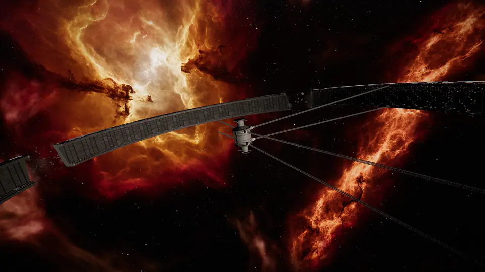 In-game: a torn span of a Derelict Megastructure, its broken ring and the spokes to its shattered hub, against a burning nebula