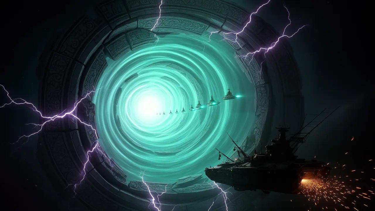 Illustration: a cyan wormhole throat folds shut inside an ancient ring, tiny warships still deep inside it, a damaged survey ship in the foreground
