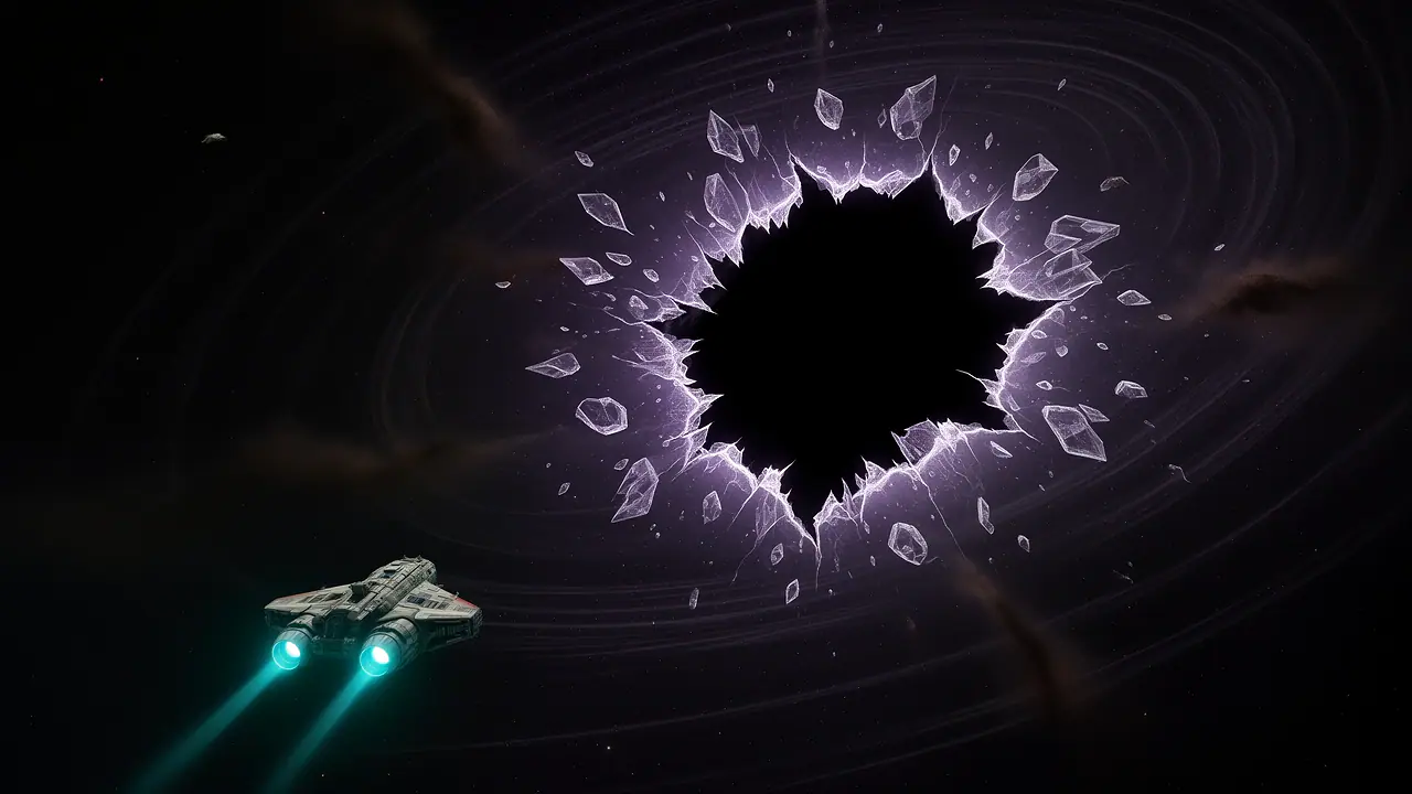 Illustration: a small ship faces a vast tear of lightless black in space, its edges rimmed with pale light