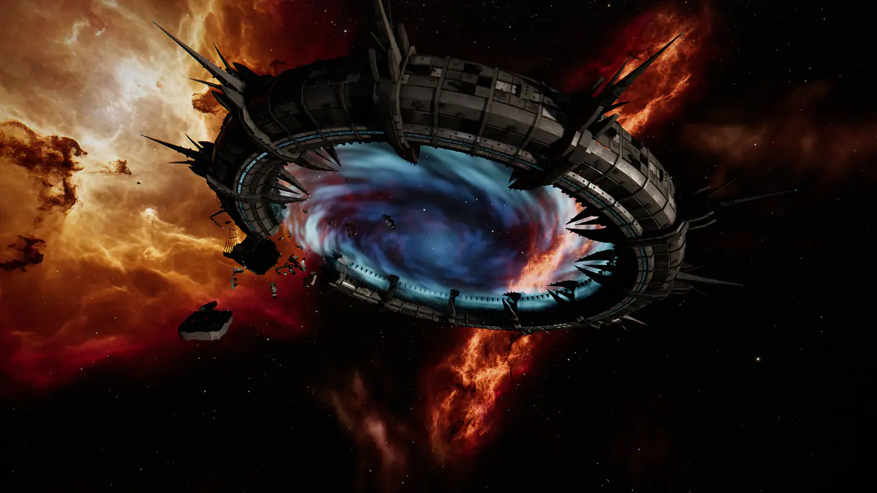 In-game: an Ancient Gate Ruin, a spiked ring of dark carved segments around a glowing throat, before a burning nebula