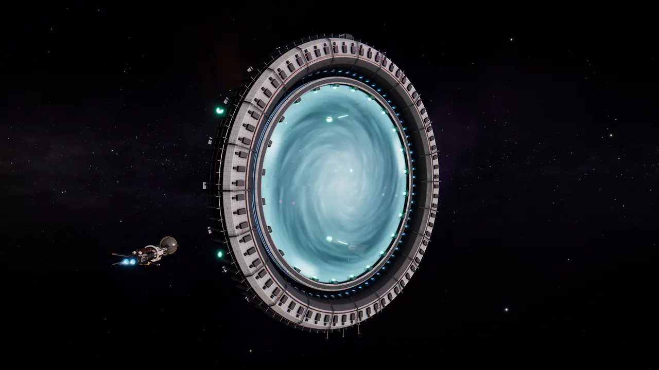 A Wayfarer approaches a jump gate as its portal surges open, a ring of plated segments around a glowing throat