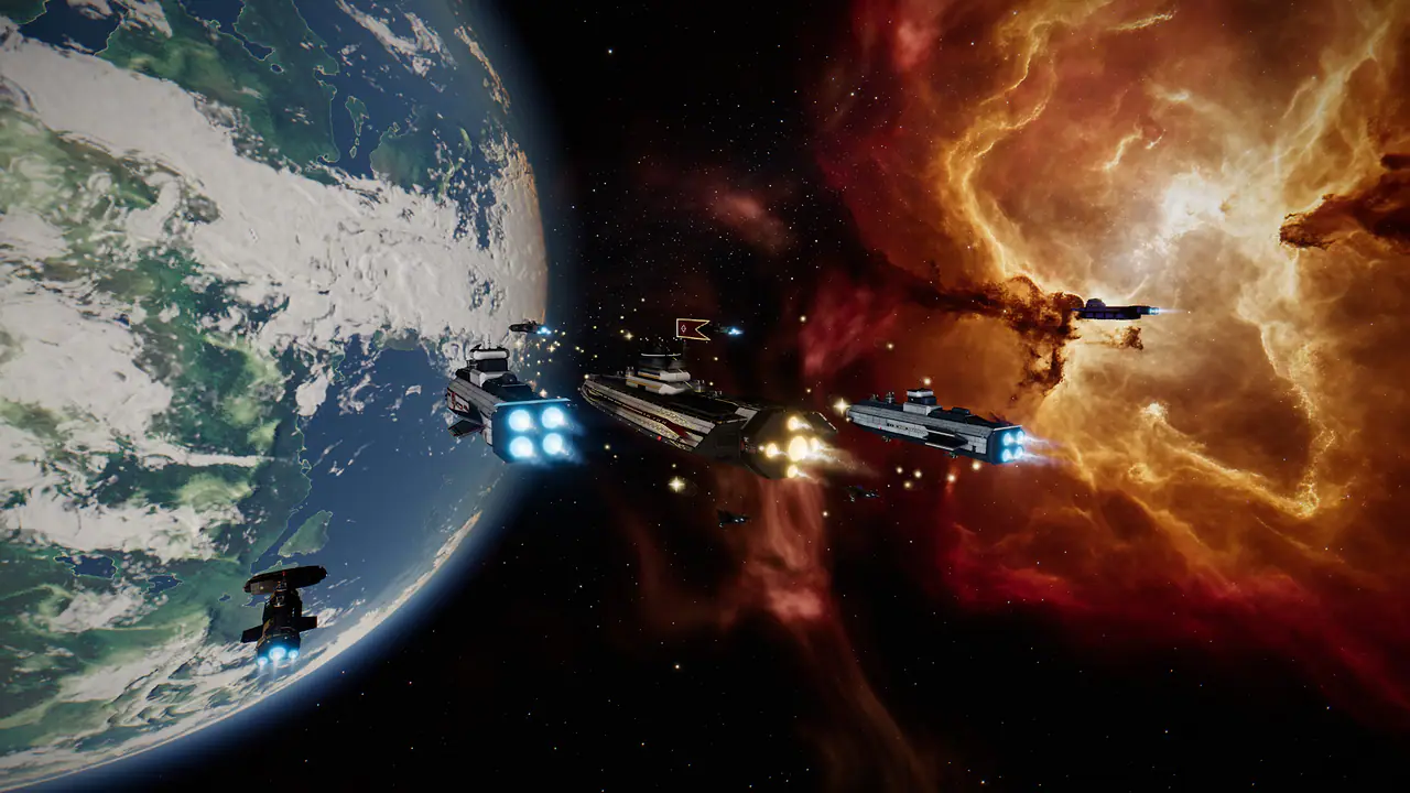 In-game: a Herald flagship flying a Paragon banner leads a formation of player ships in different liveries past a cloud-covered world toward a burning nebula, engines lit