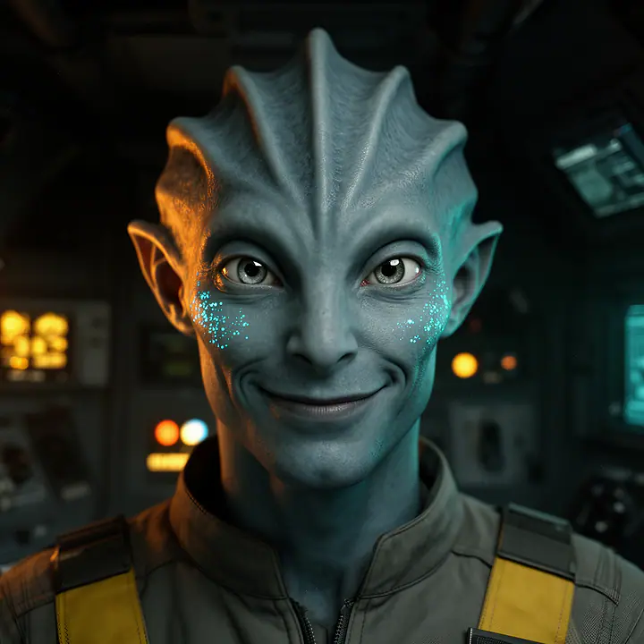 Portrait: an Ilari pilot, gray-blue skin, a ridged crest and glowing cyan freckles along the cheeks