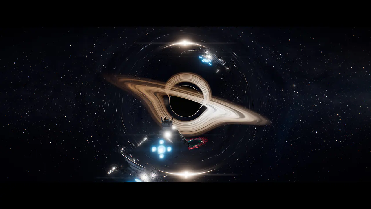 In-game: ships approach a wandering singularity, its light bent into a bright ring