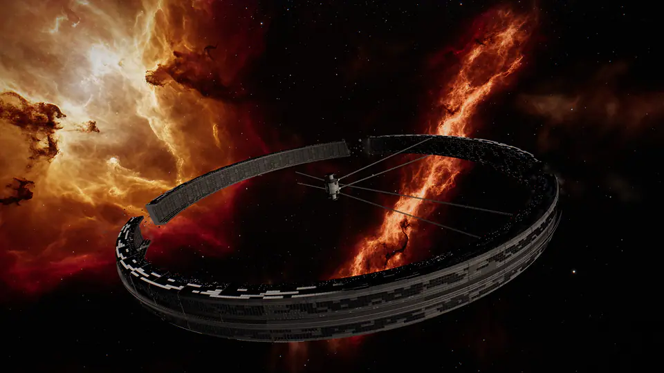 In-game: a Derelict Megastructure, a broken ring tens of kilometers across with spokes to a central hub, before a red nebula