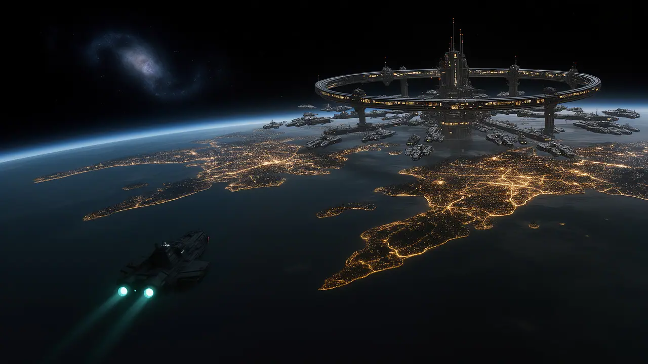 Illustration: a settled planet at night seen from orbit, every city and station lit and nothing moving, a lone relief ship approaching