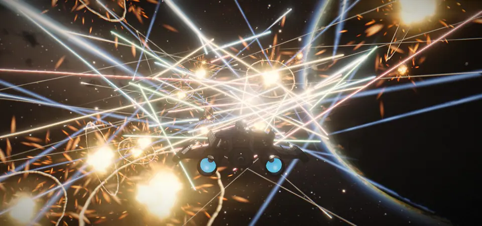 In-game: a ship flies through an ion storm of crackling light