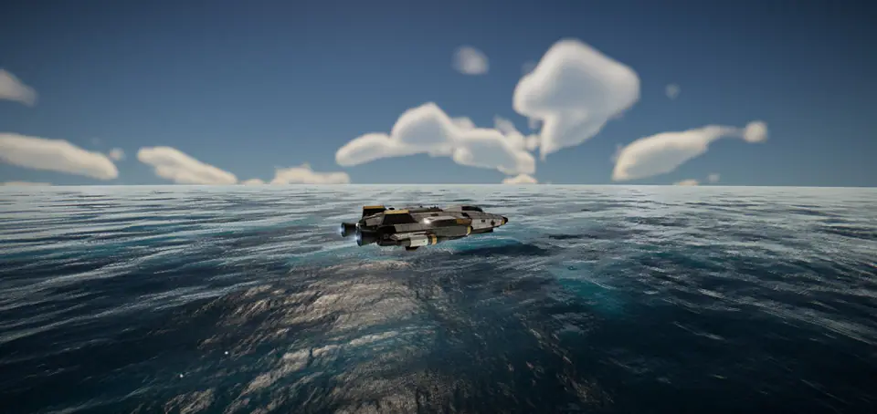 In-game: a ship skims a bright ocean under white clouds