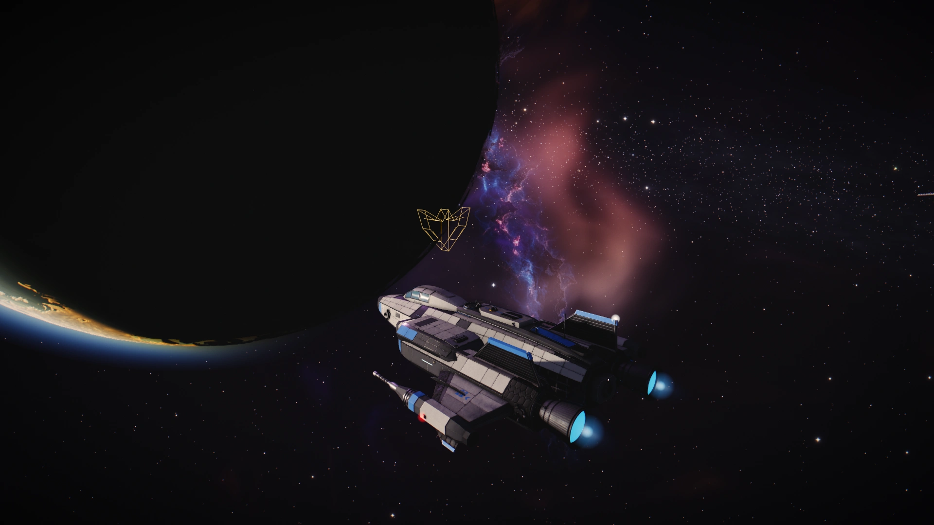 Sparrow in space with a gold Wings clan hologram above its forward centerline