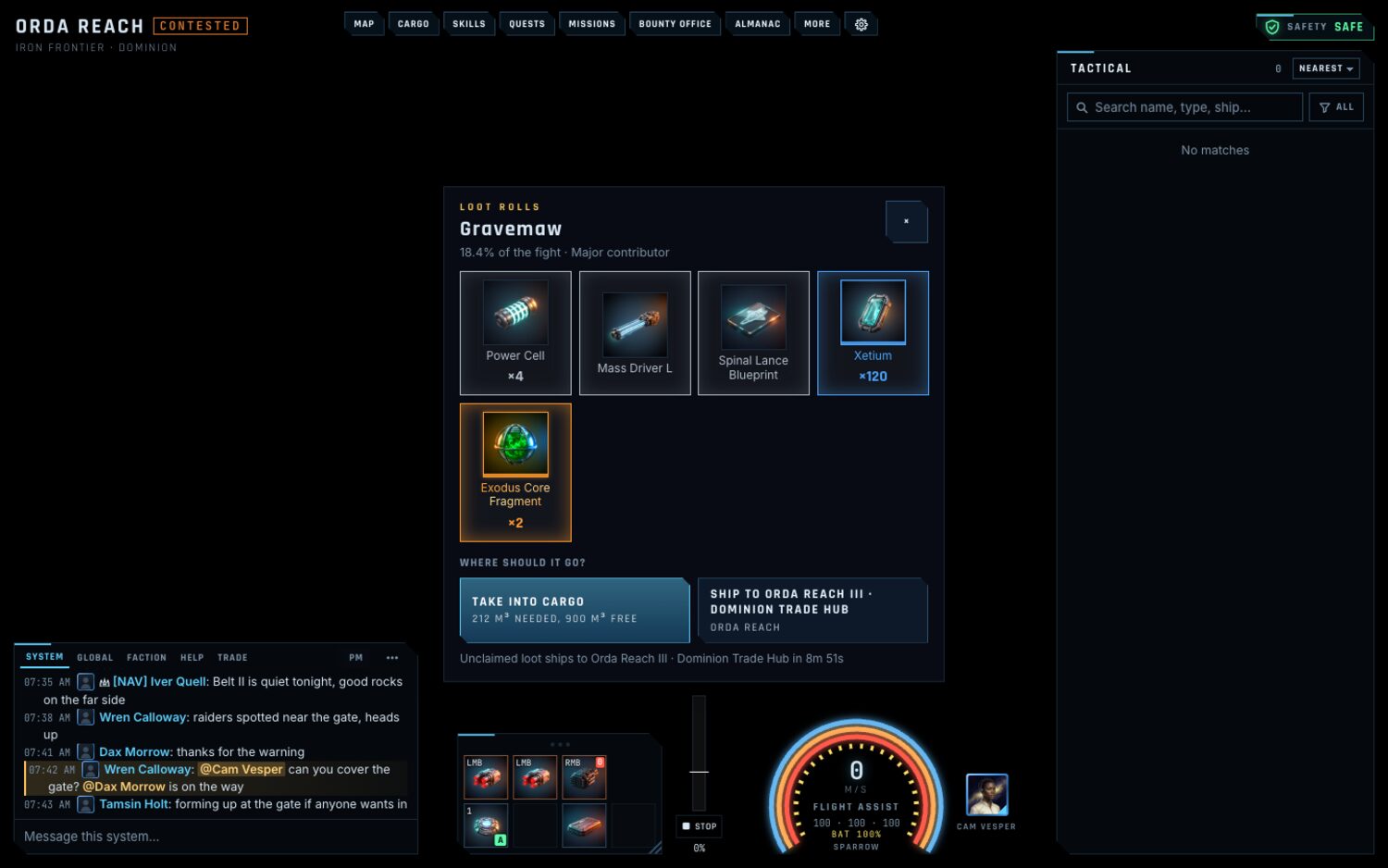 The Loot rolls card after a world boss, showing five rolled items and the choice to take them into cargo or ship them to the nearest station