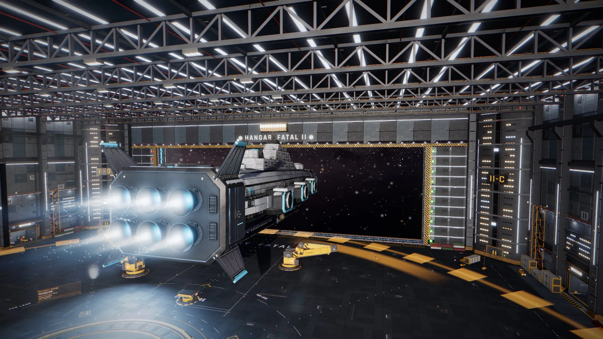 A huge Monolith capital ship leaves its hangar bay with all six engines glowing, framed by the open bay door and the stars beyond.